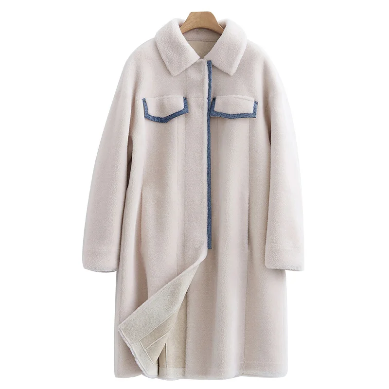 

2020 New Sheep Shearing Leather And Fur Long Fund Wool Grain Down Overcoat Reunite With Coat One Loose Coat Woman