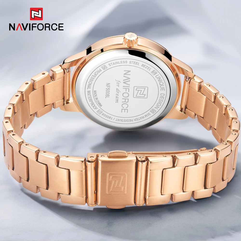 Часы из розового золота для женщин, кварцевые наручные часы для девушек, Лидирующий бренд NAVIFORCE 5008, женские часы-браслет