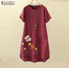  ZANZEA Summer Floral Printed Dress Women Vintage Plaid Checked Short Sleeve Sundress Casual Beach Vestido  Kaftan  