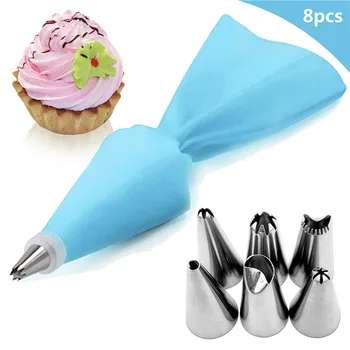 

8pcs/set Silicone Pastry Bag Tips Icing Piping Nozzle Cream Reusable Pastry Bags +6Nozzle Fondant Molds Cake Decorating Tools