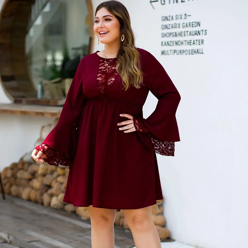 Женские Большие размеры Sexy сексуальные однотонные цветные ленты кружева сшивание Гофрированные Рукава Мини платье трапециевидной формы платье Z4