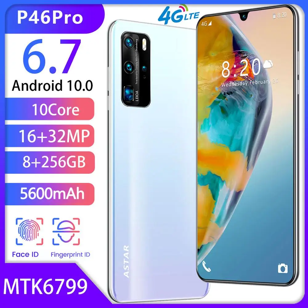 Hot Sell Global P46 Pro 16MP Front 32MP Rear Camera Ten Core 8GB RAM 256GB ROM Mobile Phone 6.7' Waterdrop 5600mAh 5G Smartphone