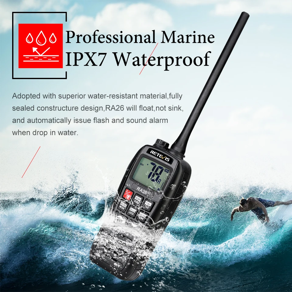 Retevis RA26 Handheld VHF Marine Radio Floating Walkie Talkie Waterproof IP67 5W Vibration Water Draining Long Range VHF Radio