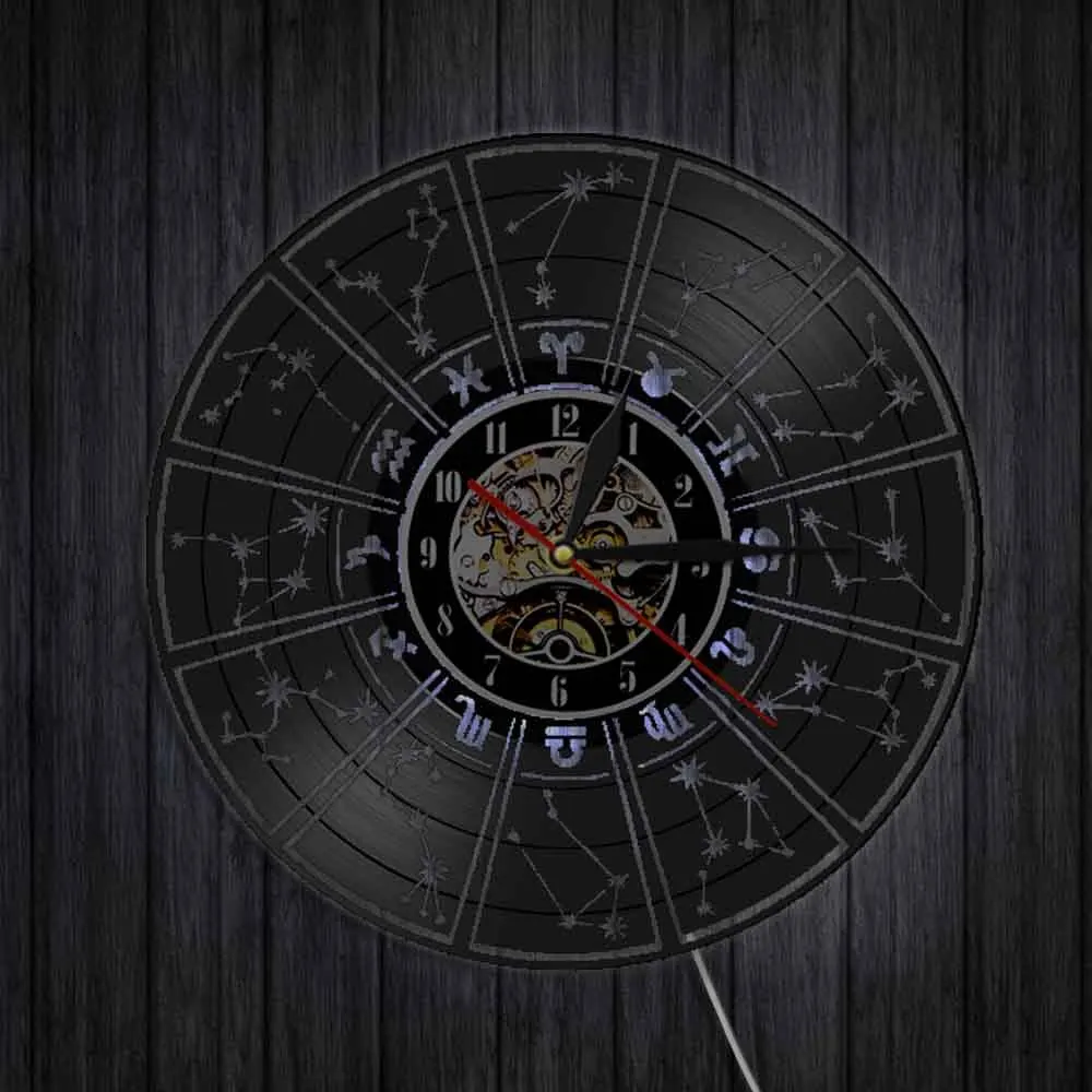 Home Decor Zodiac Sign Vinyl Record Wall Clock Astrology Stars Decorative Gift 