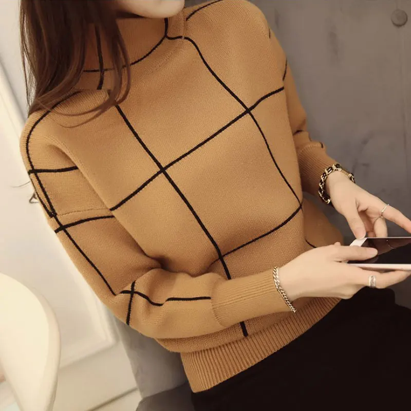 

2019 High Quality Winter Turtleneck Plaid Sweater Thickening Sweater Pullover Women Short Sweaters Female Autumn Basic Jumper