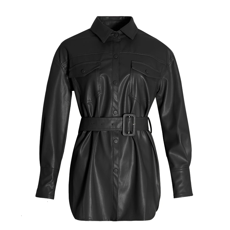 CHICEVER/Женская куртка из искусственной кожи, воротник с лацканами, длинный рукав, карман, пояса, большой размер, женские пальто,, осенняя мода, новинка