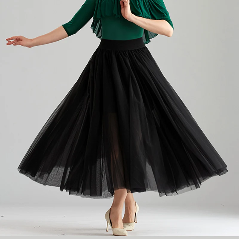 

New Black Pink Modern dance practice clothes three-layer big swing ballroom Waltz dance skirt for women