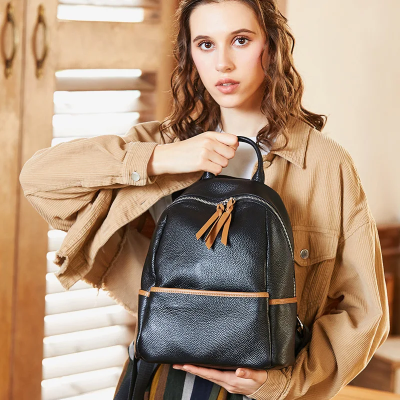 

Backpack Women's 2019 New Style Contrast Color Backpack First Layer Leather Backpackage Korean-style WOMEN'S Leather Bags School