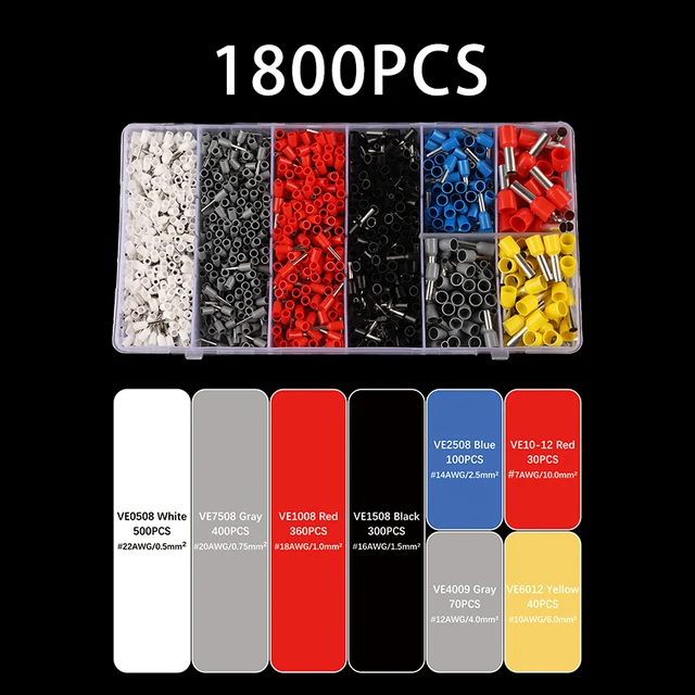 Boxed VE Series Insulated Terminal Block Cord End Crimping Sleeve Terminal Cable Wire Connector Electrical Tube Terminals Suit 1800PCS Boxed