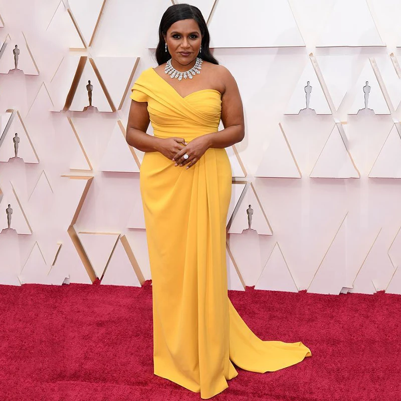 

Sevintage Yellow Oscars Straight Celebrity Dress One Shoulder Long Prom Gowns Pleats Red Carpet Dresses Customize Evening Gown