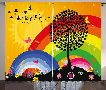 

Rainbow Window Curtains Silhouette of a Tree on Hill with Sun and 2 Rainbows Spring Time Flowers Living Room Decor Bedroom