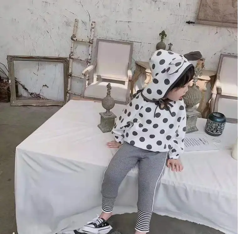 New Style Girls Boys Dots Hooded T-Shirt Full Sleeve Autumn Fashion Kids Coat 2-7t PZ4