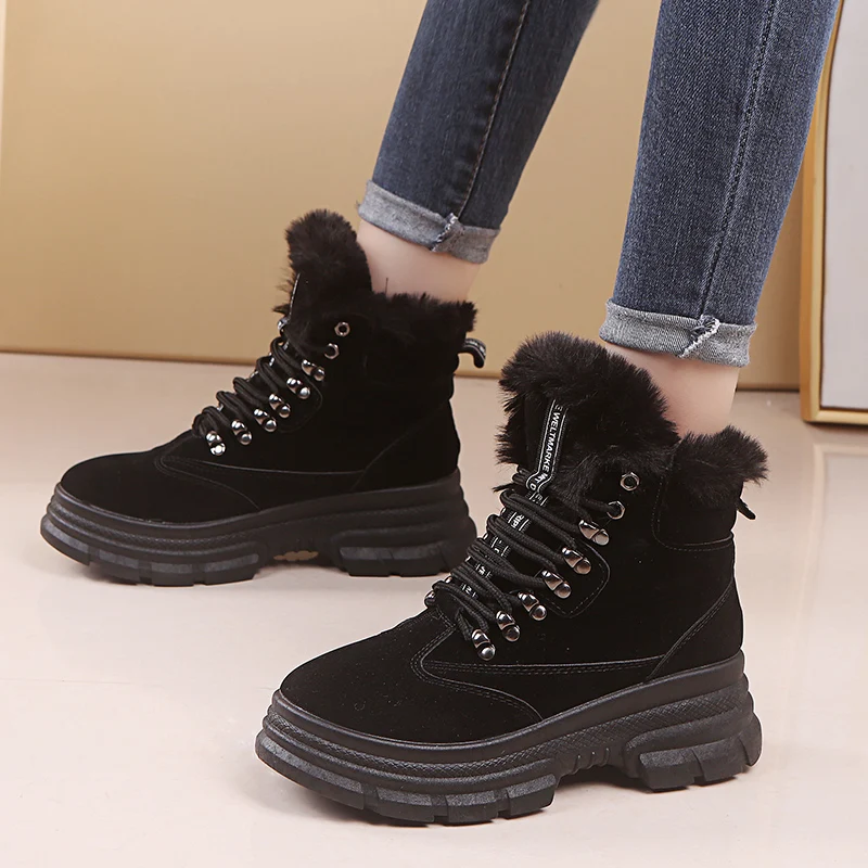 Новинка года; зимние сапоги на высоком каблуке; теплые плюшевые замшевые удобные кроссовки с круглым носком на шнуровке; зимние ботинки на платформе; ботильоны - Color: Black