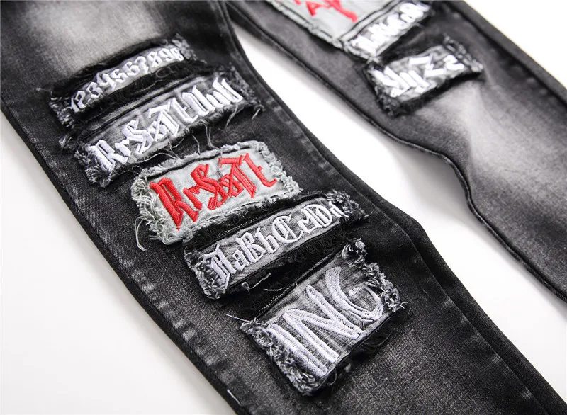 European and American street trends washed and worn holes embroidered tiger letters embroidered men's slim feet stretch jeans