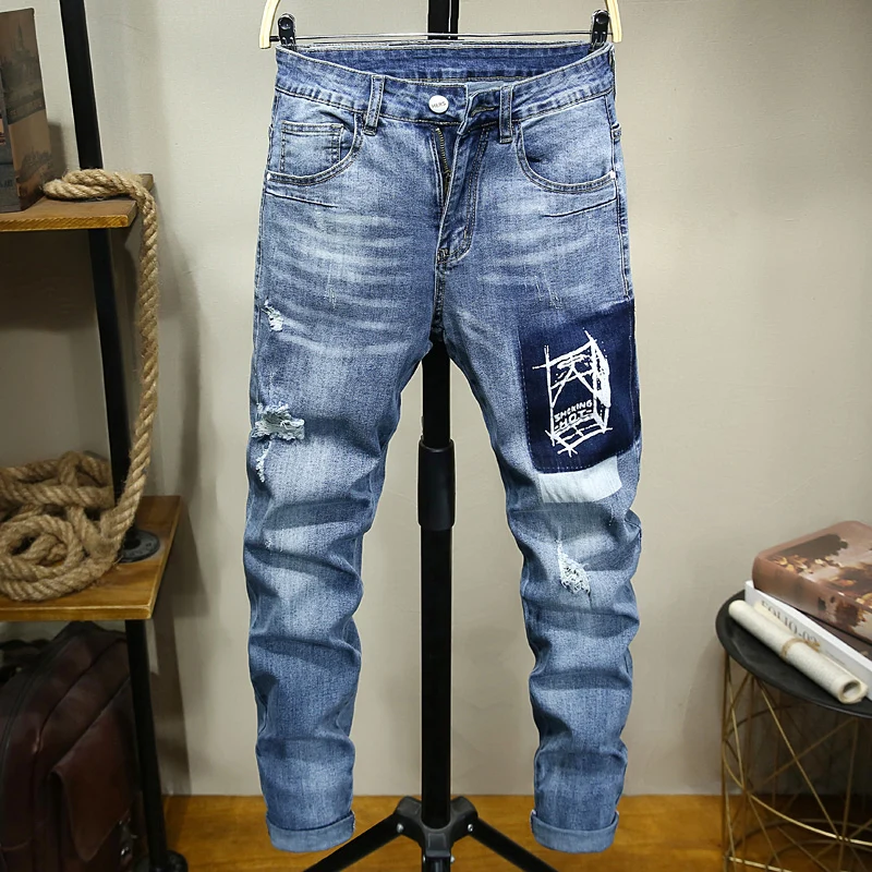 Brand denim biker jeans men Slim Fit 