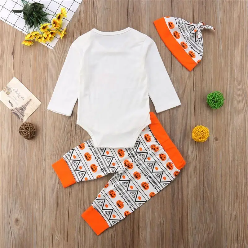 Осенняя одежда для младенцев из 3 предметов наряд для маленьких мальчиков и девочек боди с рисунком тыквы на Хэллоуин + штаны + шапочка для
