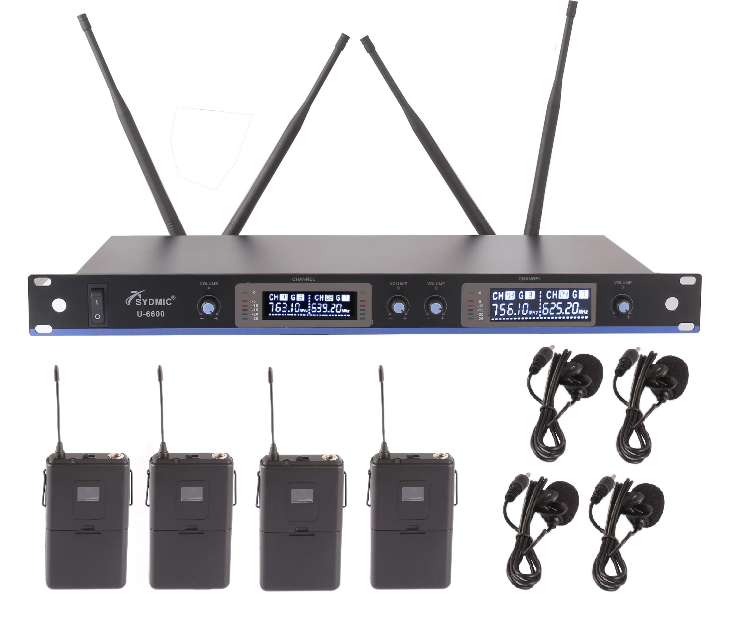 

SYDMIC Professional UHF 4 Channel Wireless Microphone System Cordless Lavalier Lapel Microphones for Karaoke Stage Church Party