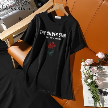 

Summer Loose Korean Clothes T-shirt Shiny Chic Diamonds Rose Women Cotton Short Sleeve Pullover Tops Supersize Tees Black T06912