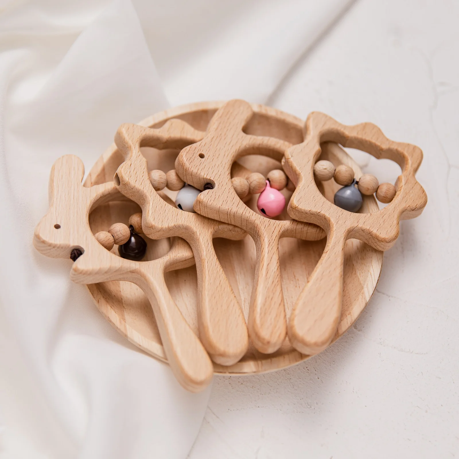 Baby Wooden Rattle Beech Bear Hand Teething Wooden Ring Baby Rattles Play Gym Montessori Stroller Toy Educational Toys for Kid