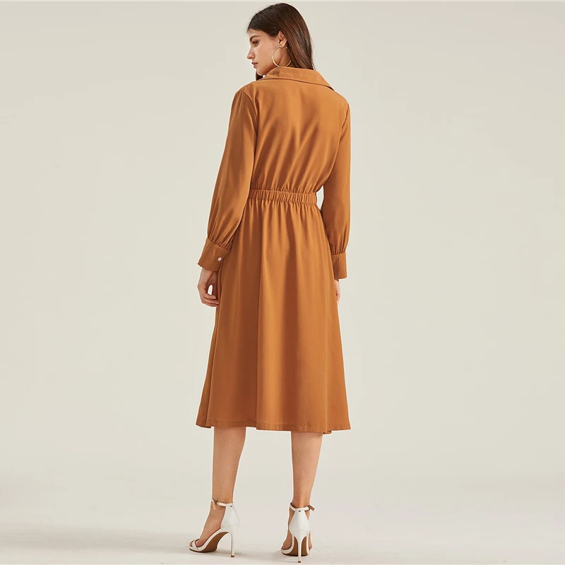 Sheinside Camel, элегантное женское платье-рубашка со сборкой на талии, осень, на пуговицах, с карманами, для офиса, для девушек, платье трапециевидной формы