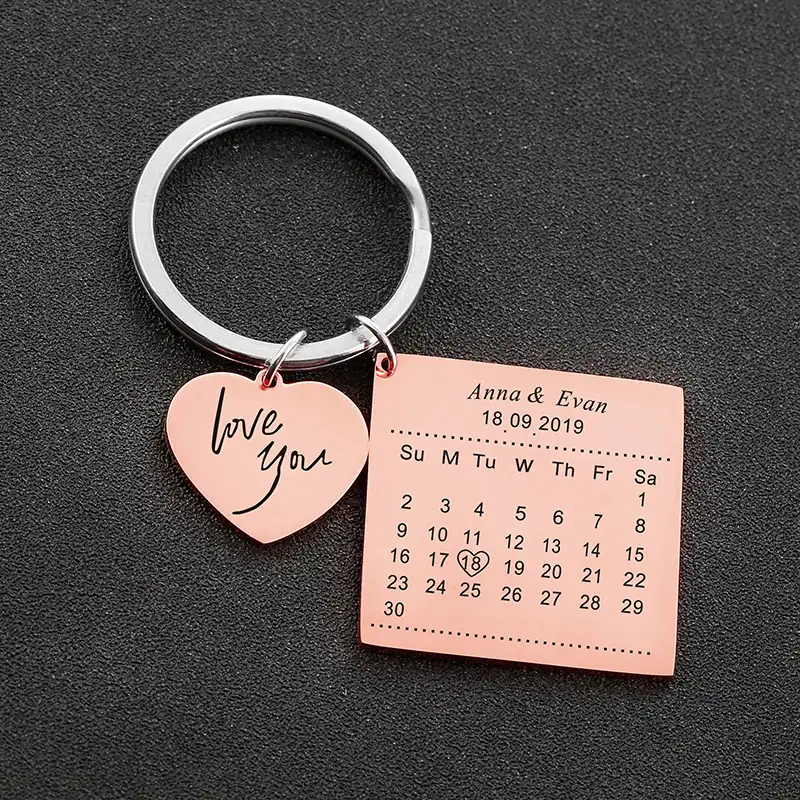 Love You Calendar Keychain Stainless Steel Key Ring With Heart Date Gift Jewe WQ