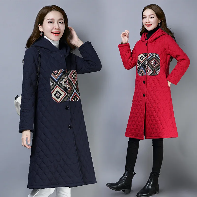 

Winter New Style Large Size Literature And Art WOMEN'S Dress Mid-length Hooded Thick Quilted Mixed Colors Warm Middle-aged Women
