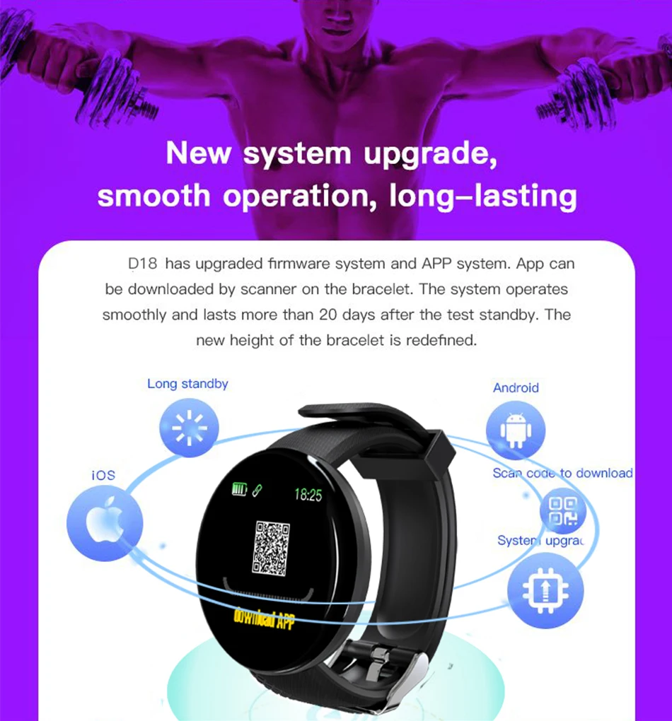 D18 Смарт-часы водонепроницаемые Bluetooth Браслет фитнес-часы пульсометр измерение артериального давления для IOS Android