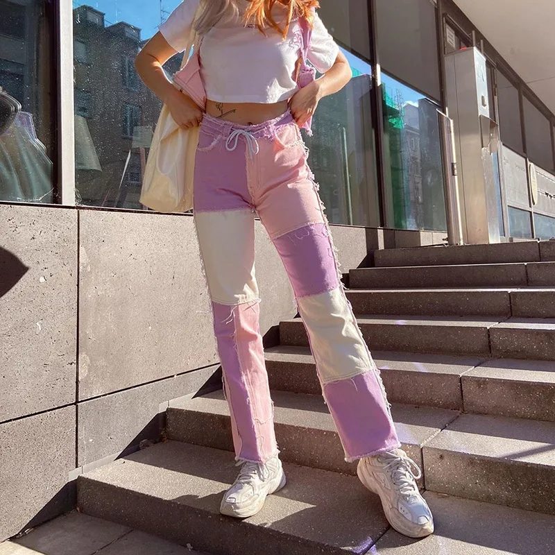 Pink Purple Patchwork Jeans Woman High 