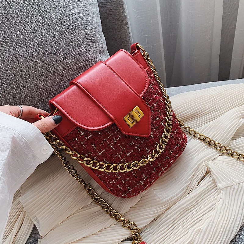 

2019 Korean-style Fashion New Style Bag Contrast Color Weaving Bag with Chain Western Style Hand Shoulder Oblique Bag