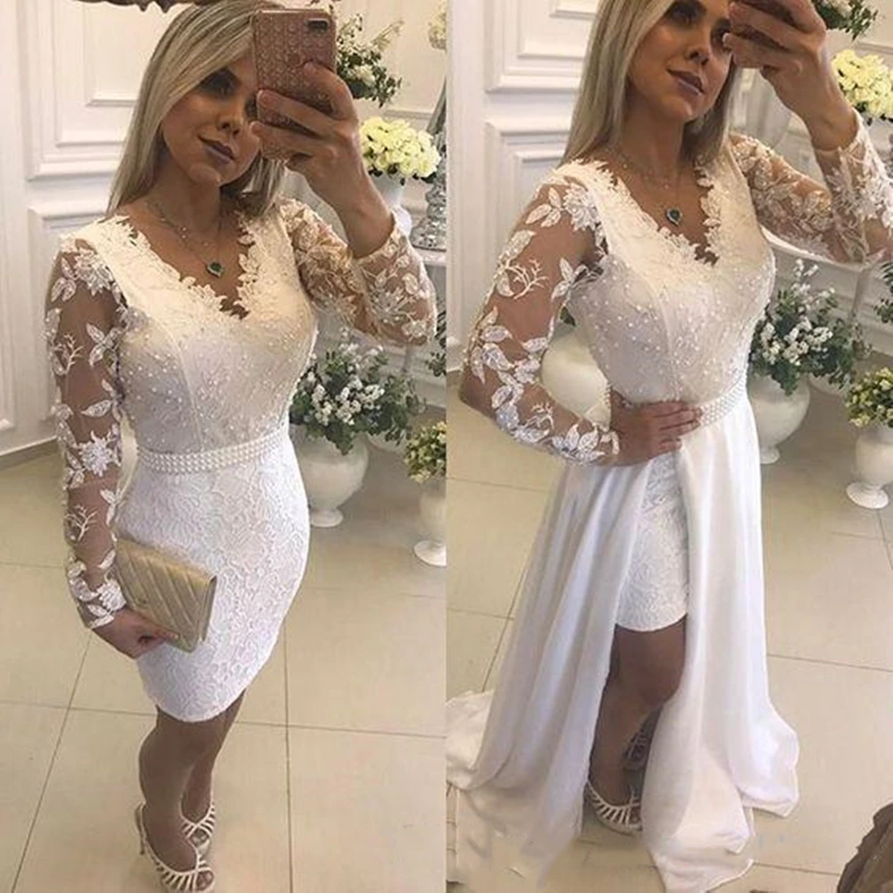 MYYBLE White Pearls Short Party Evening Dresses With Detachable Skirt Illusion Long Sleeves Lace Formal Prom Gowns For | Свадьбы и