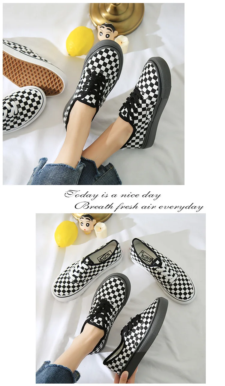 Checked Canvas Vulcanized Shoes For Both Men And Women Casual Loafers With No Lacing At One Stepulzzang Freeshipping Sale