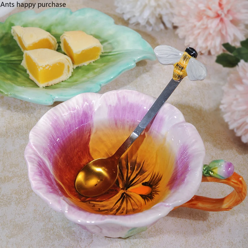 Minigift Set Tazza Da Tè E Piattino In Ceramica 170ml: Rosa Gialla 3D Dipinta A Mano, Con Cucchiaio Farfalla, Regalo Donna