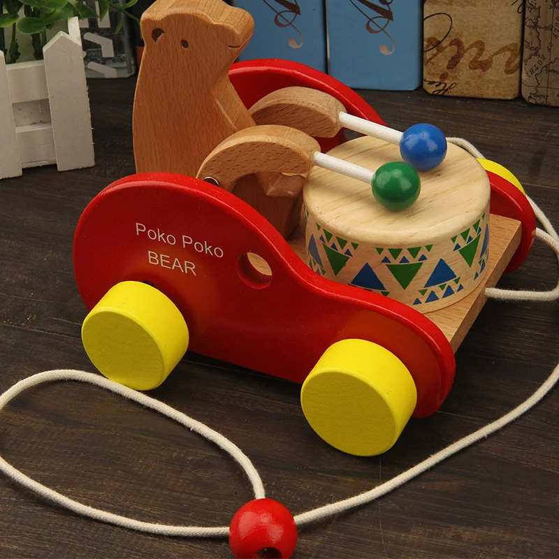 Bear Educational Wood Drag Baby Walker 2-3-6 Years Old Baby Bracing Wire Small Trailer Toy Children Drums Car