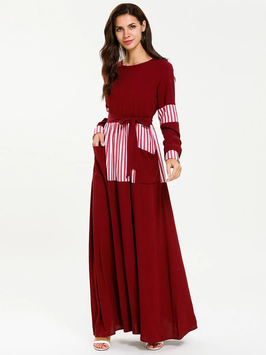 Abaya Femme, арабское мусульманское платье, Популярнейшая цветная полоска, платье, модное простое, сшитое, с длинными рукавами, с галстуком, Musulman