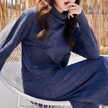 

High Quality 2 Piece Set Women Autumn Winter Long Sleeve Knitted Sweater PulloverTops + Elasitc Waist Long Skirt Set Female Suit