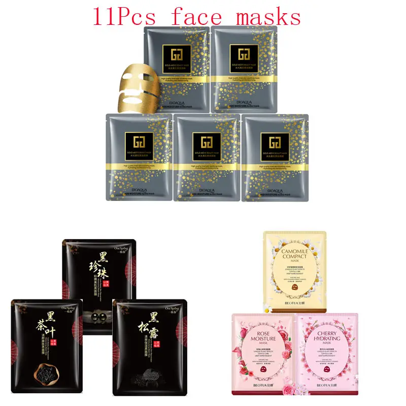 

11Pcs mixed 24K Gold mask Plant flowers detox tea Collagen Face Mask Moisturizing Anti-Aging black Facial Masks skin care