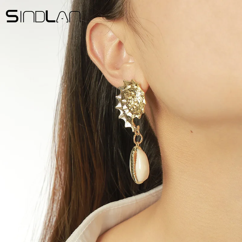 

Sindlan Natural Shell Statement Earrings for Women Large Gold Sea Horse Dangle Earrings Ocean Ear Studs Brincos Jewelry Gift