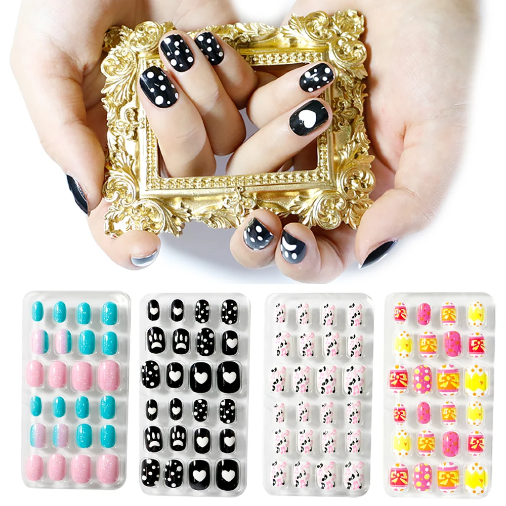 

Kids Full Cover False Nails Press On Self Adhesive Nail Manicure Tips Candy Color Fake Nails Nail Art for Children 24Pcs/box