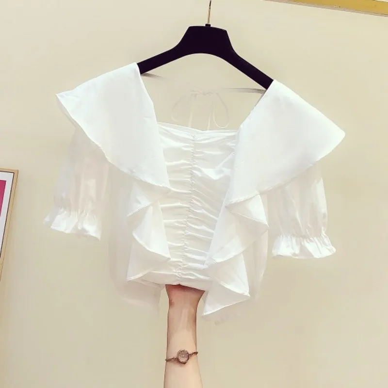

White Blouse for Women Summer Wear New Korean Style Elegant Square Collar Bell Sleeve Ruffles Back Lace-up Shirt Women's Blouses