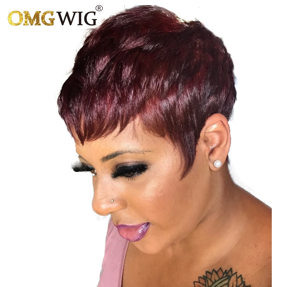 Red Burgundy 99J Color Short Bob Pixie Cut Wig With Bangs Natural Straight Wave OMG Indian Remy Human Hair Wigs For Black Women