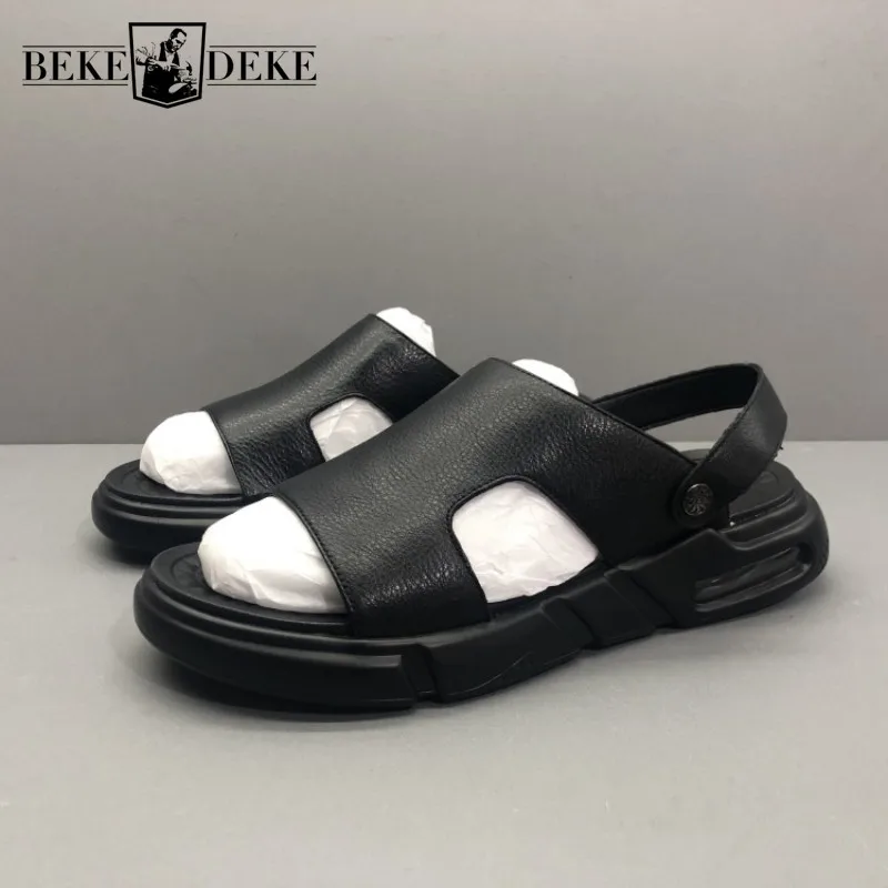 Summer Mens Platform Beach Sandals Genuine Leather Flats Slippers Open Toes Hollow Out Leisure Outside Gladiator Shoes | Обувь
