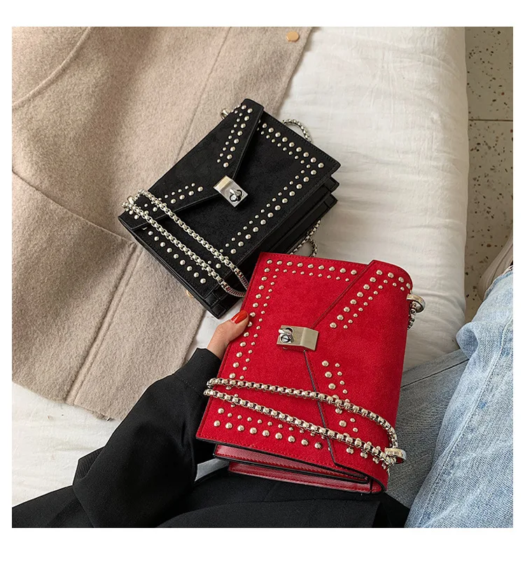 Vintage Leather Crossbody Bags For Women Travel Handbag Chain Fashion Rivet Lock Small Shoulder Messenger Bags Female Flaps