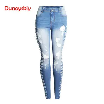

New Plus Size Stretchy Ripped Jeans Woman Side Distressed Denim Skinny Pencil Pants Trousers For Women Spring Summer And Fall