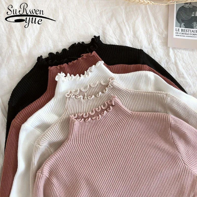 

High Elastic Solid Sexy Knitted Pullovers 2019 Fall Winter Fashion Slim Sweater Women Turtleneck Ruched Women Sweater 6785 50