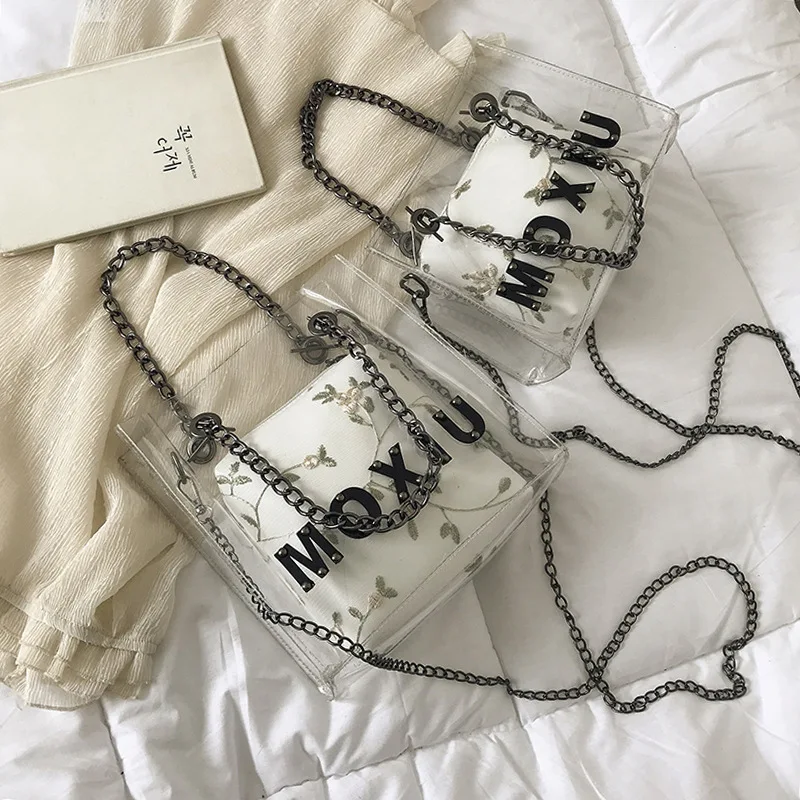 

Transparent Jelly Bag Women's 2019 Spring And Summer New Style Fashion Korean-style Fashion Lace Different Size Bags Chain Shoul