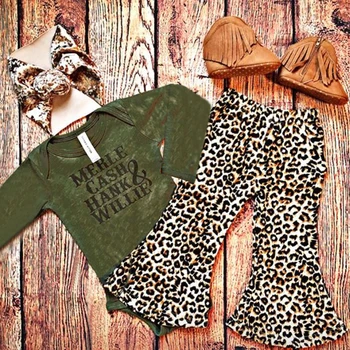

2019 Summer Newborn Baby Girls Long Sleeve Green Bodysuit Leopard Printed Pants Suit Bodysuit Long Pants Headbands Outfit 4-24M