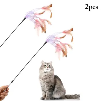 

2pcs/lot Cat Toys Feather Wand Kitten Cat Teaser Turkey Feather Interactive Stick Toy Wire Chaser Wand Toy with Bell