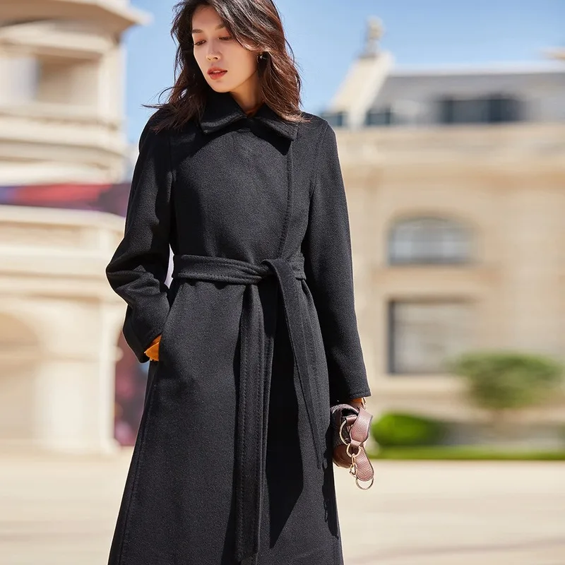 AIGYPTOS осень и зима классический тонкий лацканы талии гофрированный талии длинное шерстяное пальто для женщин