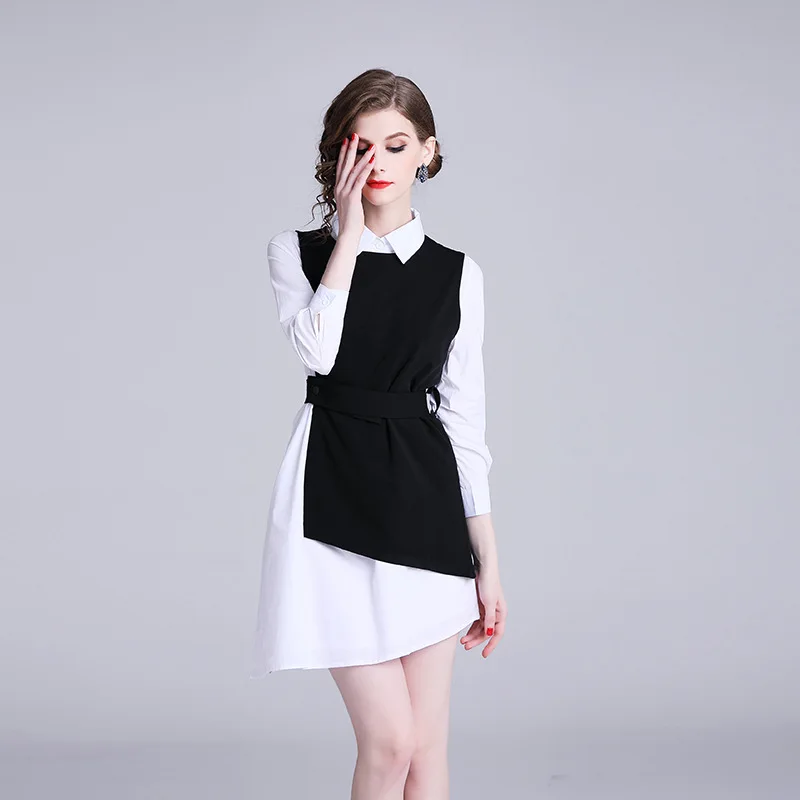 

2019 Spring New Style WOMEN'S Dress-Style Irregular Shirt Shirt + Mid-length Waistcoat Dress Two-Piece Set