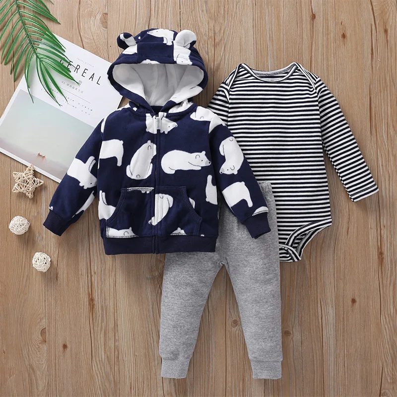 3PCS Infant Baby Clothing Sets Winter Bear zipper Coat Sweater+Pants+Bodysuit Newborn Baby Boy Girl Clothes Outfit 3-6M-24M